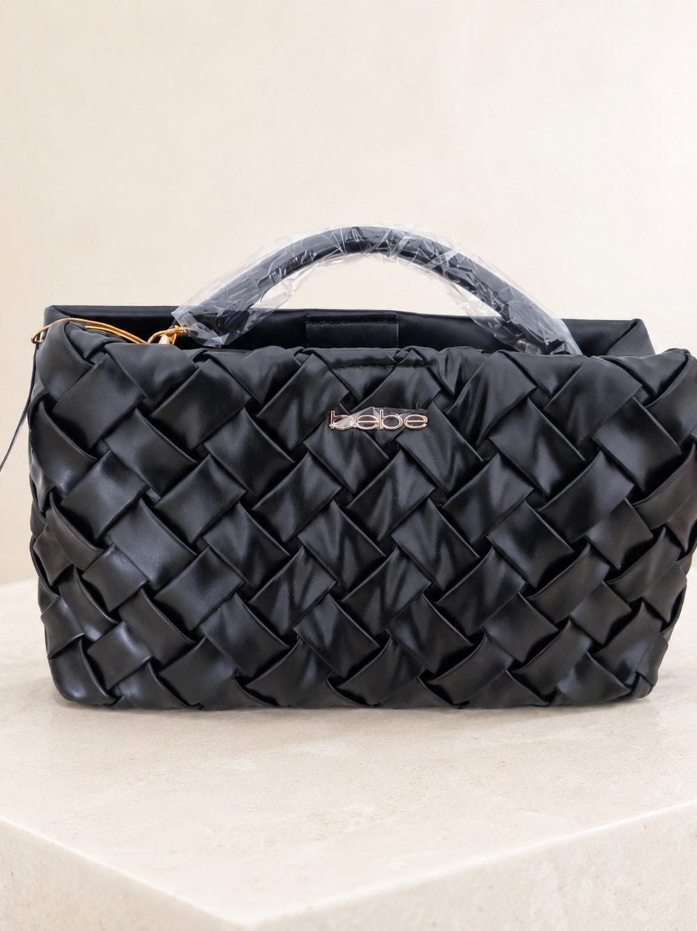 bebe Black Woven Top-Handle Satchel with Gold Logo